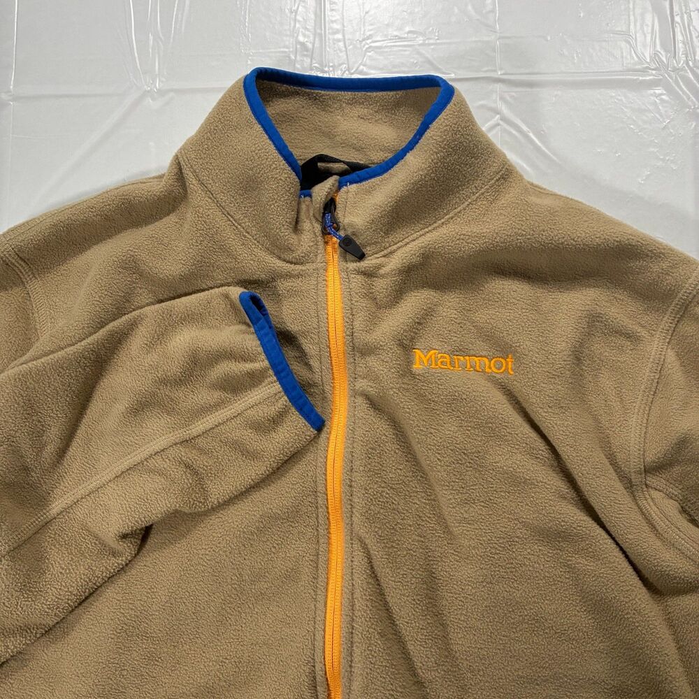 Marmot Rocklin Fleece Jacket Mens M Tan Blue Yellow Full Zip Outdoor Recycled